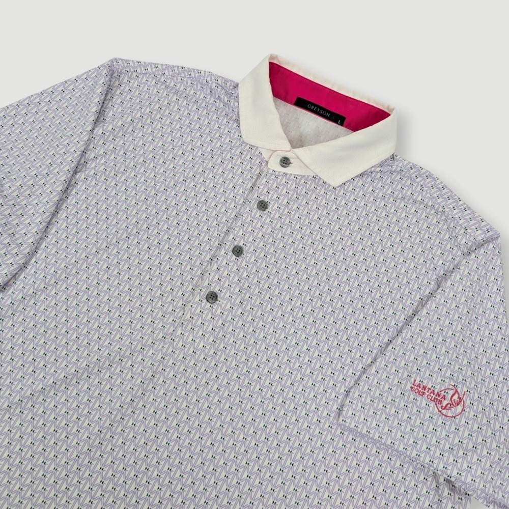 Greyson‎ Performance Golf Polo Mens Large Purple Geometric Print AOP Lantana GC